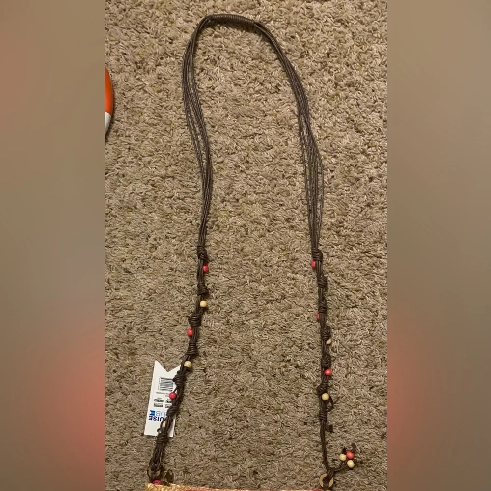 NWT Cruise Club pink/tan striped summer straw crossbody with corded/beaded strap - Picture 4 of 10